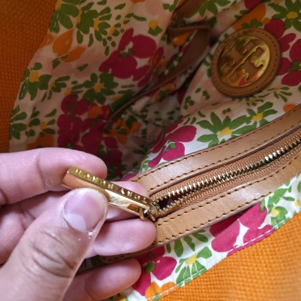 Tory Burch Rustic Fall Pumpkin Orange Canvas Leather Large Tote Bag Floral Lined